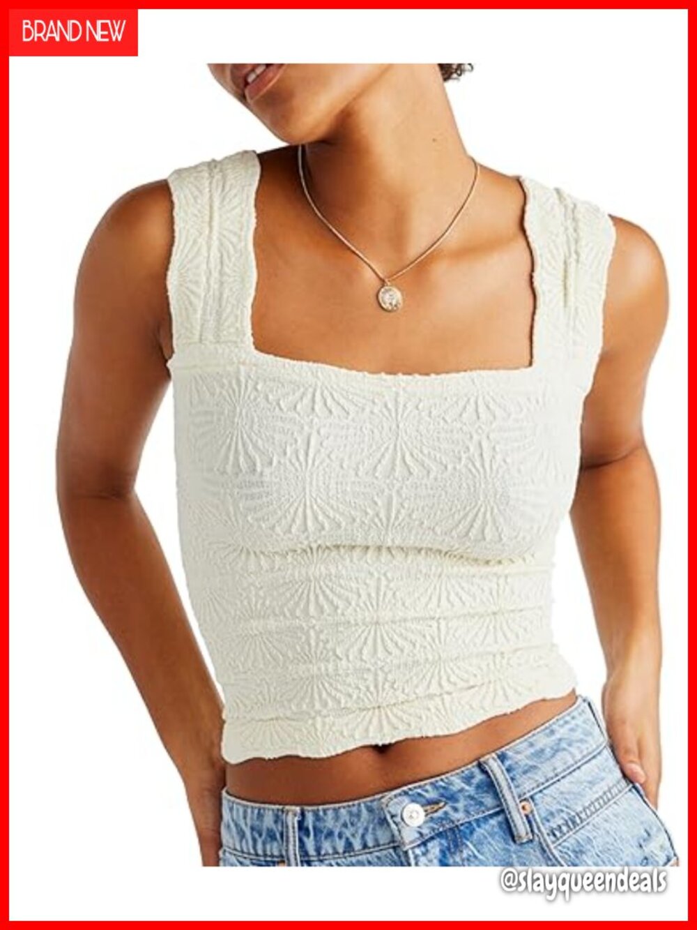 Women's Square Neck Wide Strap Slim Fit Crop Tank Top Lettuce Trim Cami Top